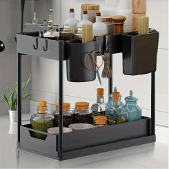 2-Tier Under Sink Organizers Storage Sliding L-shape Bathroom Kitchen Double Sliding Cabinet Drawers Multi-Purpose Storage Shelf