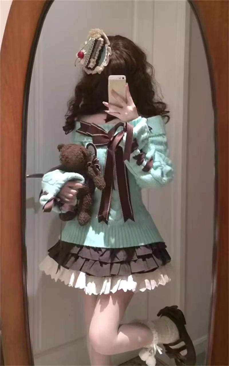 Description Picture 3 of itemY2k Aesthetic Slash Neck Twist Sweater Women Off Shlouder Sweet Bow Pullover Preppy Style Solid Slim Fit Kawaii Fairy Jumpers