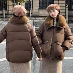 Short Puffer Cotton-padded Clothes Coat  Women Winter Large Fur Collar Jacket 2024 New Korean Loose Lapel Bread Outerwear