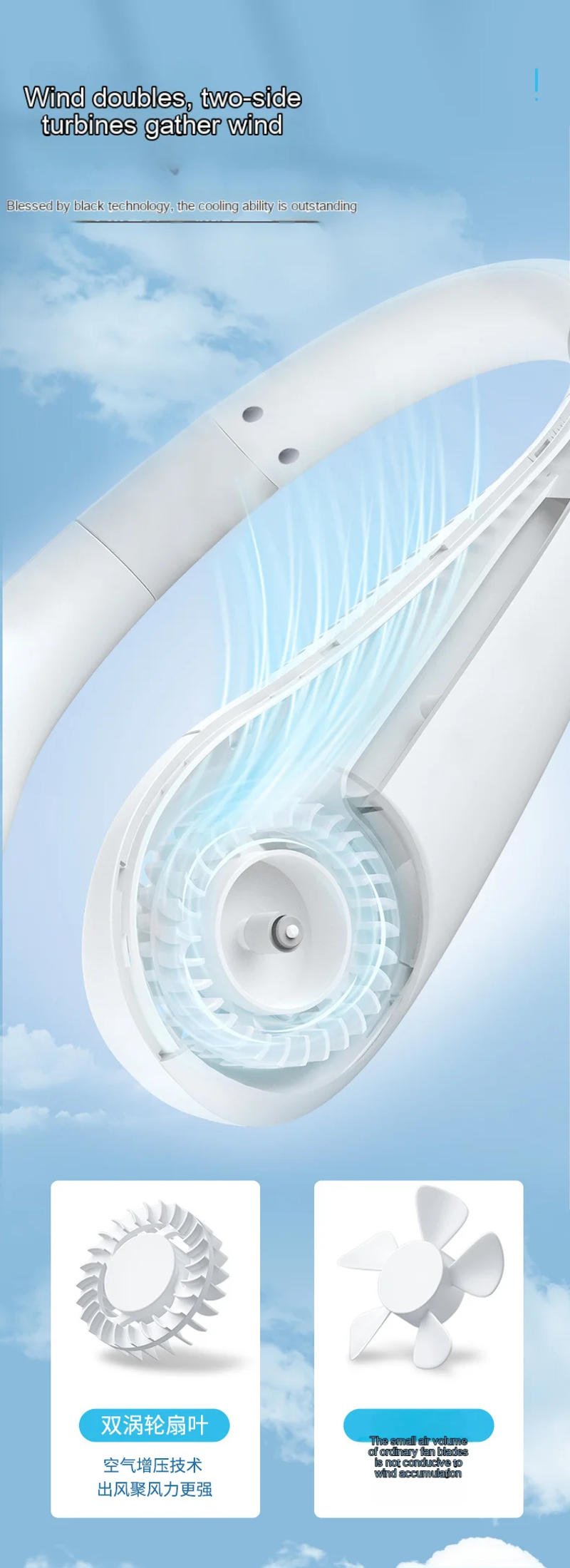 Description Picture 3 of item2024 New Mini Portable Hanging Neck Fan Rechargeable Bladeless Turbo Ultra Quiet Student Hand Held Fan Outdoor Sports Travel