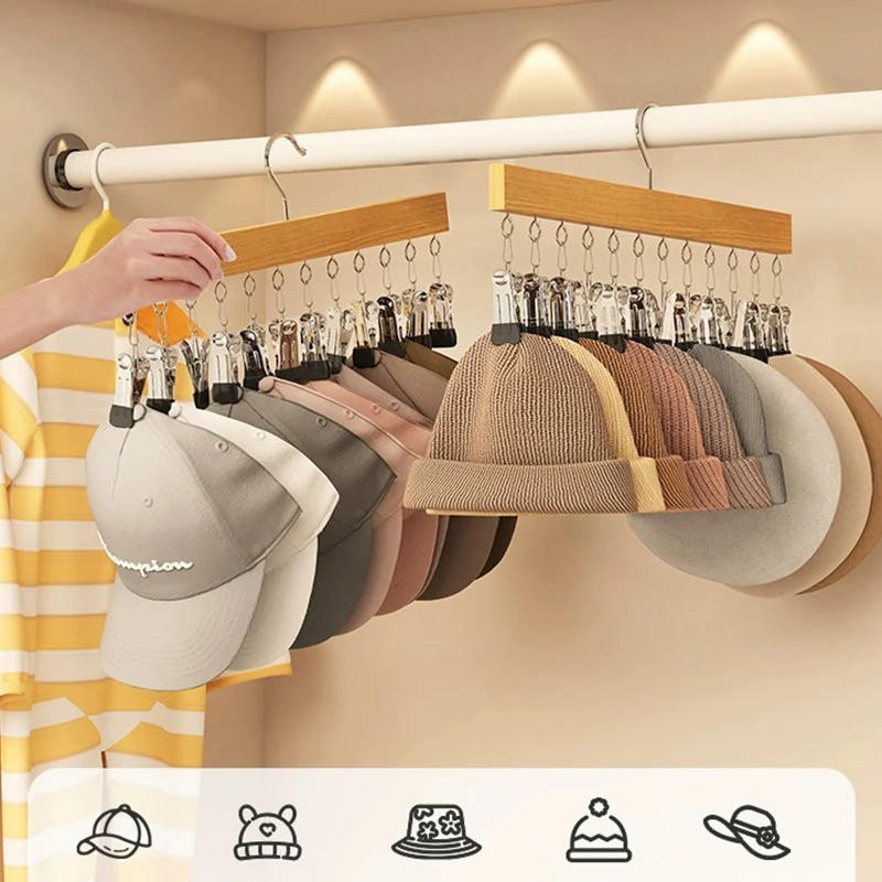 Description Picture 6 of item6/10 Clips Hat Holder,Household Multifunctional Organizer for Cap Socks Towel,Household Wooden Hats Hanger for Closet Storage