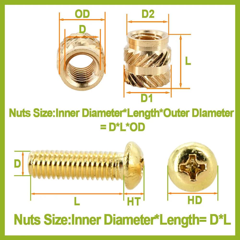 Description Picture 2 of itemM2 M2.5 M3 M4 M5 Brass Heat Thread Insert Nut and Phillips Cross Round Head Screw Set Knurled Hot Melt Inject Nuts and Bolts Set