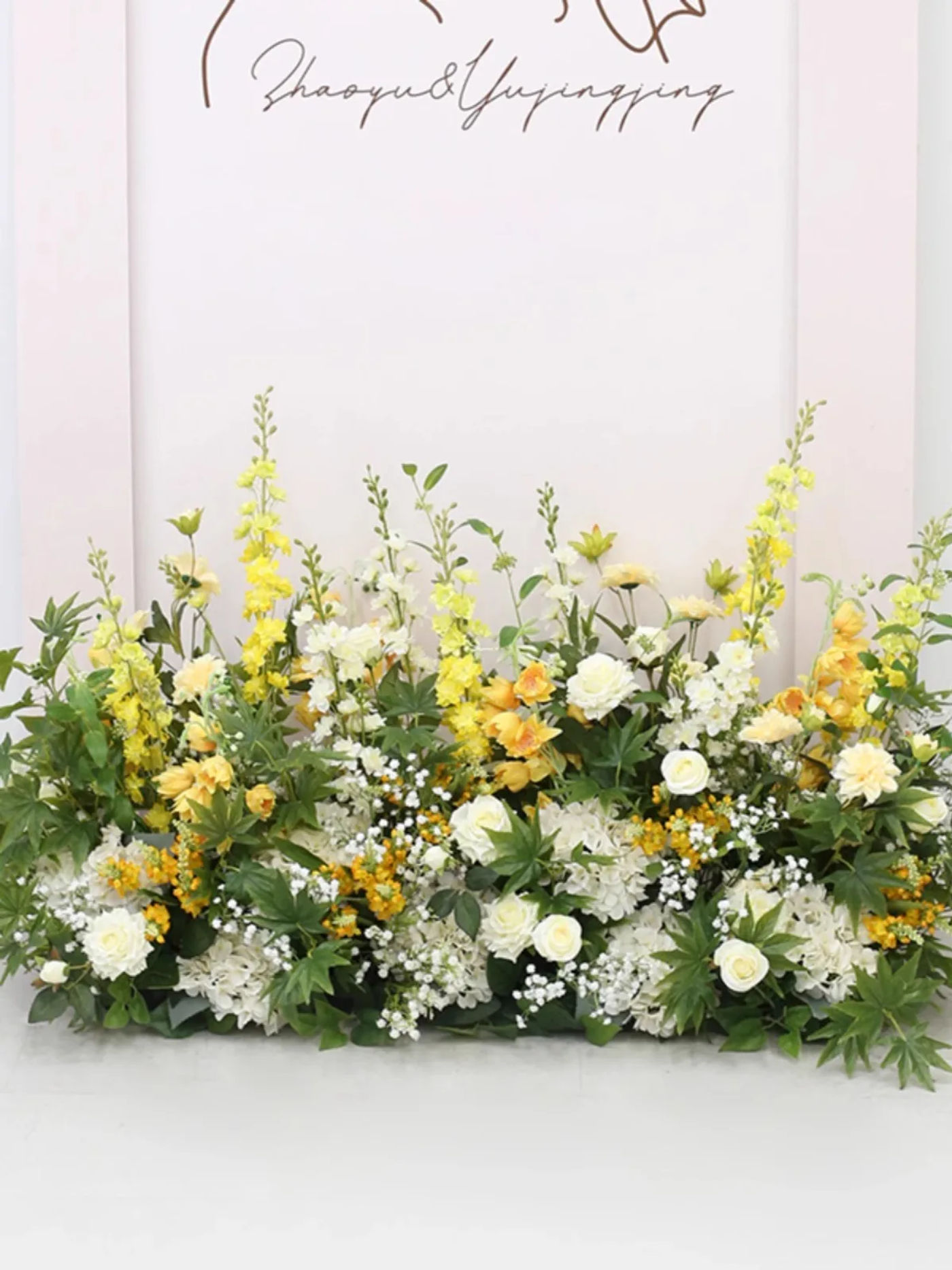 Description Picture 6 of itemYellow white flowers green plants Large Flower Row Runner Wedding Backdrop Deco Floral Wall Hanging Wedding Sign Home Party Prop