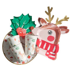 8pcs Christmas Themed Decor Deer Disposable Tableware Cute Elk Paper Napkin Milk Juice Cup Merry Xmas Kids New Year Party Supply
