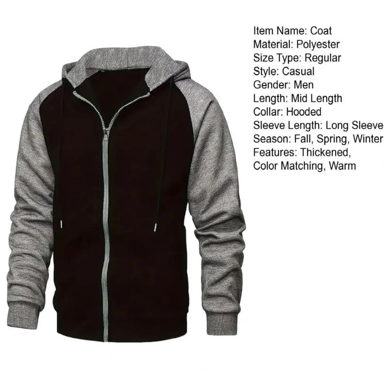 Description Picture 3 of itemHooded Sweatshirt Color Blocking Long Sleeve Coat Men's Drawstring Hooded Cardigan Jacket for Fall Spring with Zipper Closure
