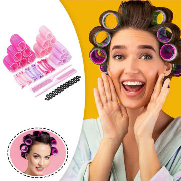 1 Set Hair Rollers With Clips Combs Drag Prevent No Heat Hair Bangs Volume Self-adhesive Hook Loop Hair Curlers DIY Styling Tool