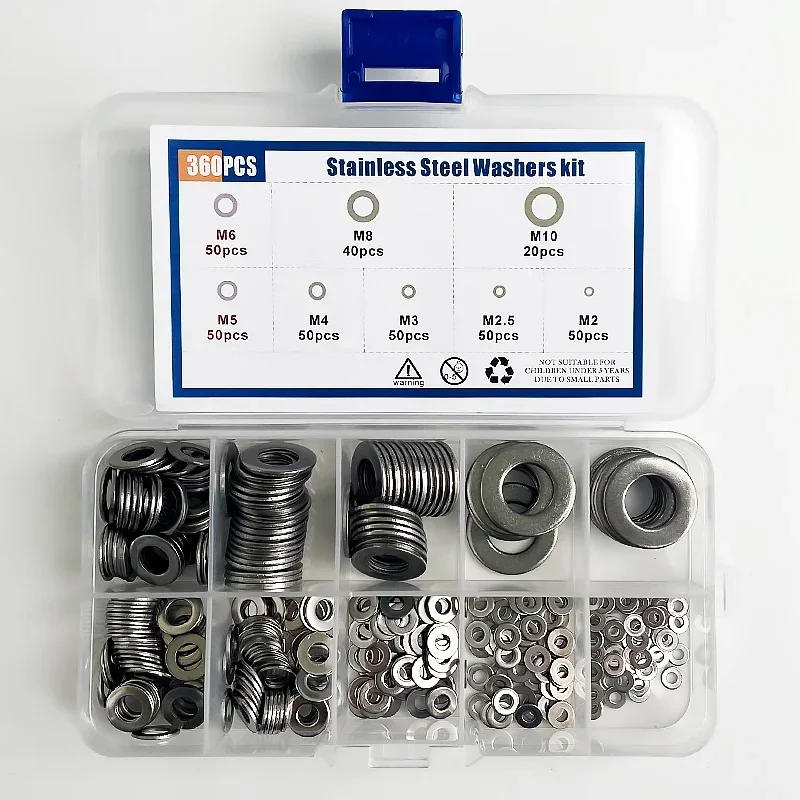 Description Picture 5 of item360pcs/Box 304 Stainless Steel Washer Set Adjusting Shim Plain Gasket Assortment Kit Box M2 M2.5 M3 M4 M5 M6 M8 M10