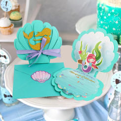 6Pcs Mermaid Party Invitations Pearlescent Mermaid Birthday Party Supplies with Envelopes for Kids Girls Birthday Wedding Decor