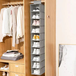 Non-woven 10 Layer Hanging Bag Foldable 10 Grids Large Capacity Sundry Hanger Pouch Dustproof Clear Shoe Storage Rack Men