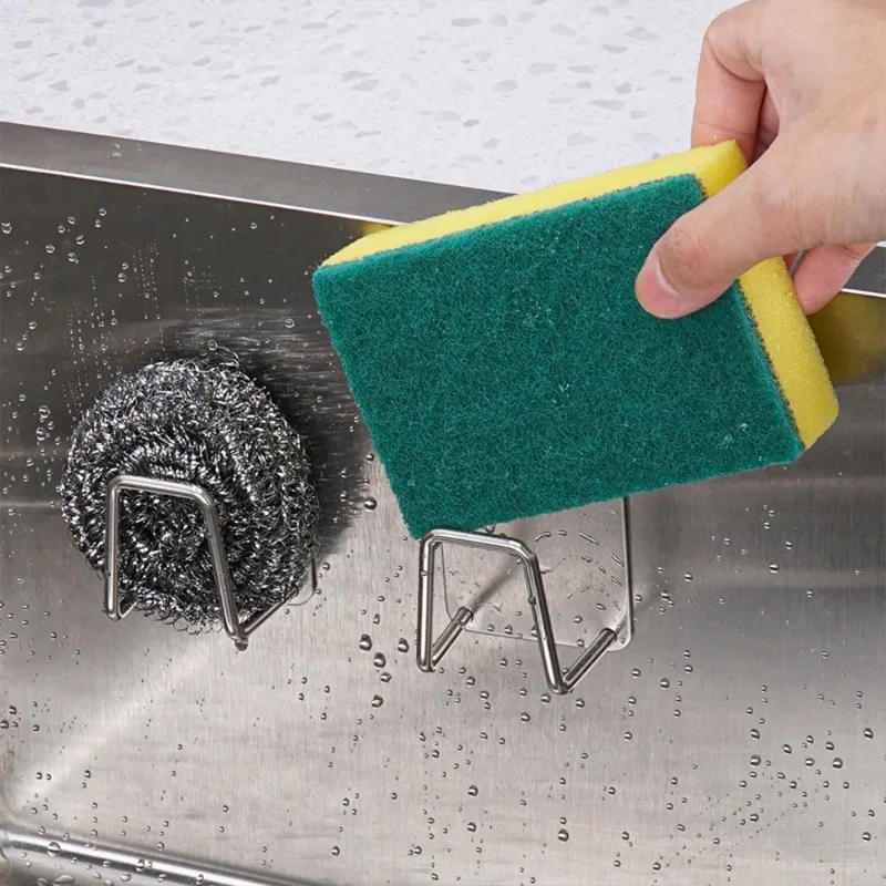 Description Picture 4 of itemStainless Steel Sink Sponge Holder Self-Adhesive Soap Drain Drying Rack Wire Ball Rag Storage Wall Hook Kitchen Organizer Holder