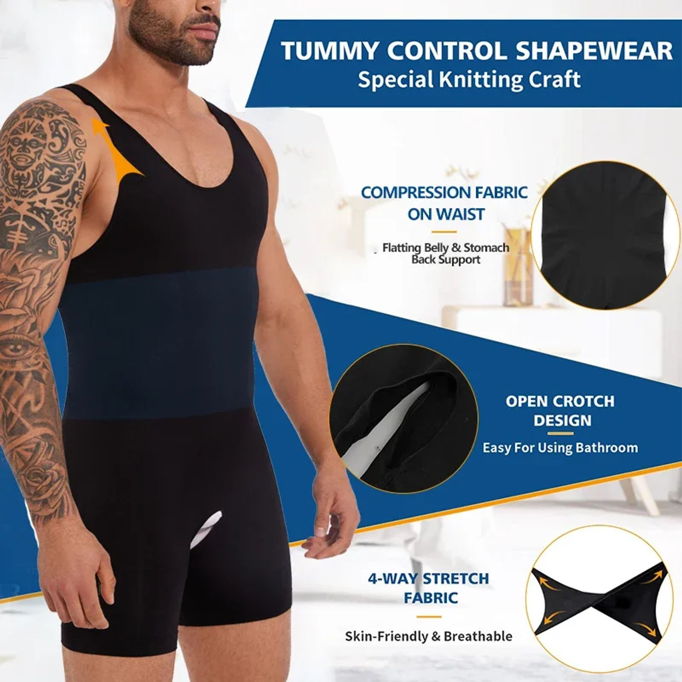 Description Picture 3 of itemMen Full Body Shaper Sleeveless Slimming Vest Underwear Compression Seamless Bodysuit Shapewear Tummy Control Faja Para Hombres