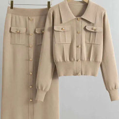 [EWQ] French Turn-down Single Breasted Cardigan Temperament All-match Slimming Skirt Knitted Two Piece Set 2025 Spring 16O4001