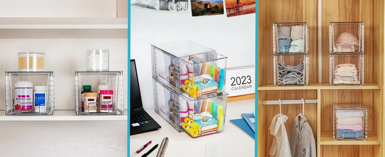 Description Picture 5 of itemVtopmart 4 Pack Large Stackable Storage Drawers,Clear Acrylic Drawer Organizers with Handles, Easily Assemble for Bathroom