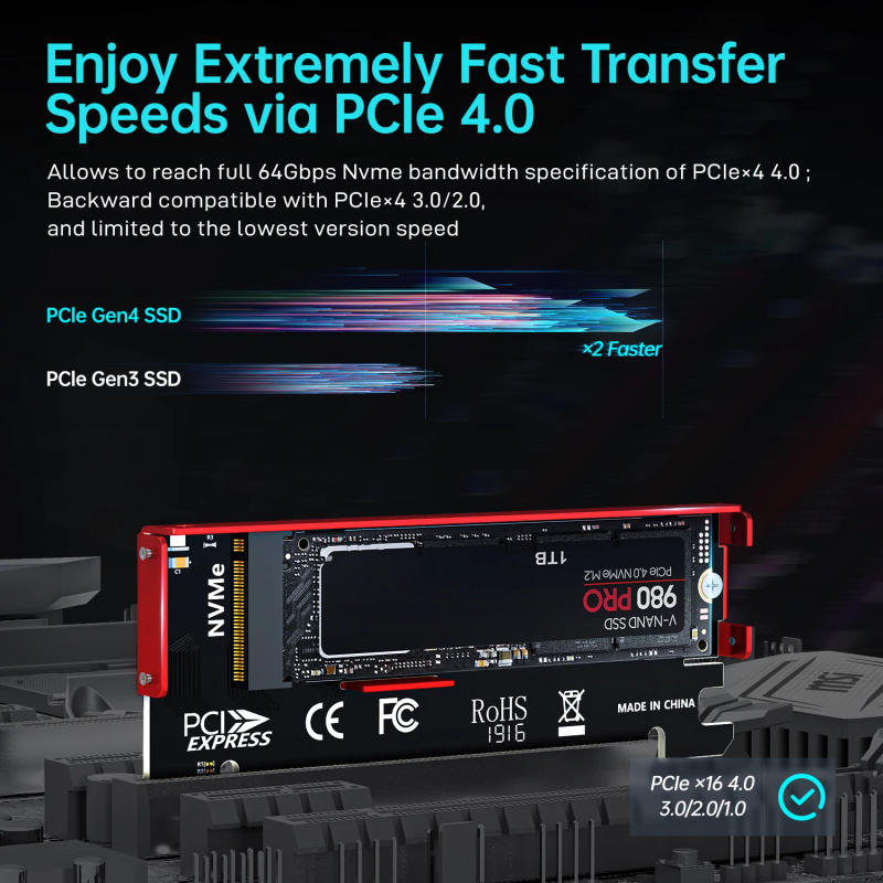 Description Picture 2 of itemJEYI M.2 NVME To PCIE 4.0 X16 Adapter, PCIe X16 Gen4 Expansion Card with Aluminum Heatsink Case, For Samsung 980 PRO, 970 EVO