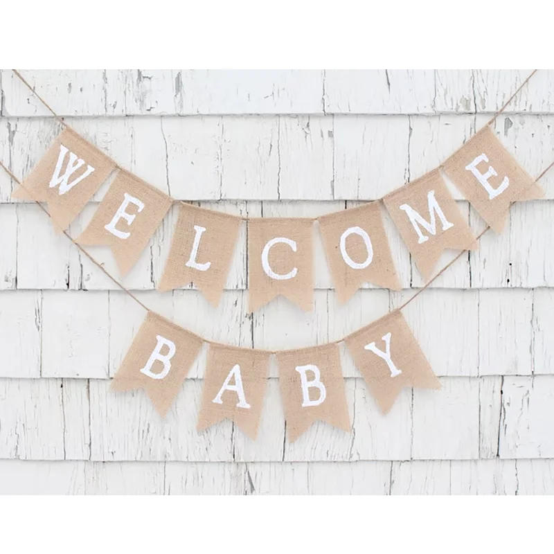 Description Picture 2 of itemGender Neutral Baby Shower Welcome Baby Burlap Banner Rustic Birthday Signs Boy Girl Party Boha Flags Decoration Favors for Kids