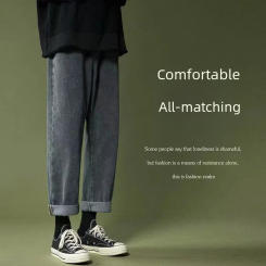 Men's Loose-fit Distressed Vintage Washing Jeans Straight-leg Trousers Slimming Cropped Pants Trendy Denim