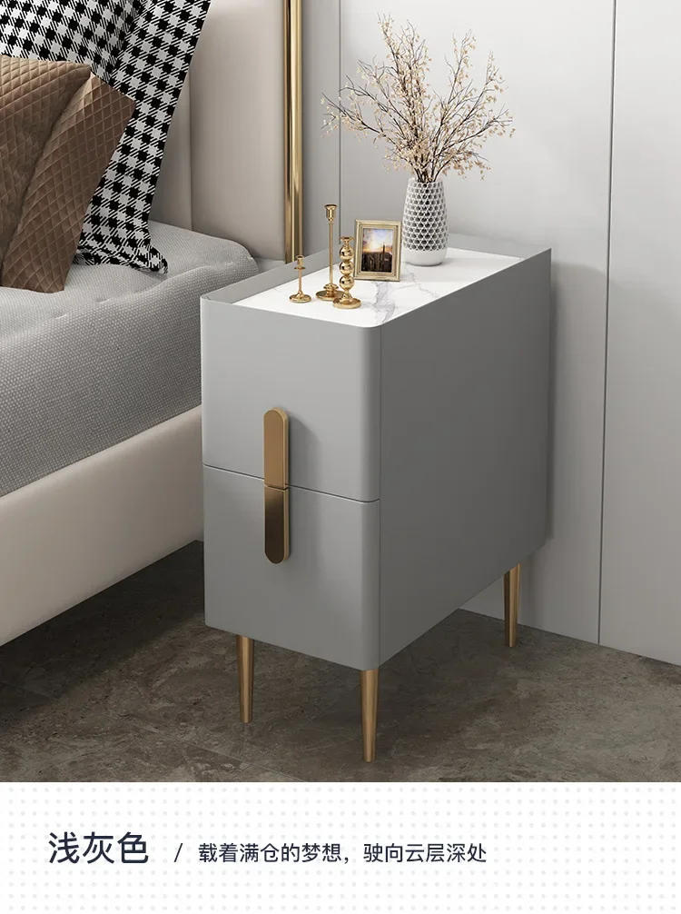 Description Picture 5 of itemNordic Style  Bedside Table Modern Mini Narrow Rock Surface Nightstand Self-Contained 2 Drawers Wooden Bedroom Tables