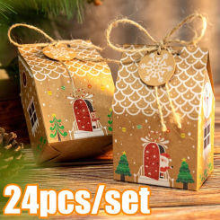 24pcs Christmas Kraft Paper Gift Boxes Advent Calendar Gingerbread House Candy Packaging Box Christmas New Year Party Decoration