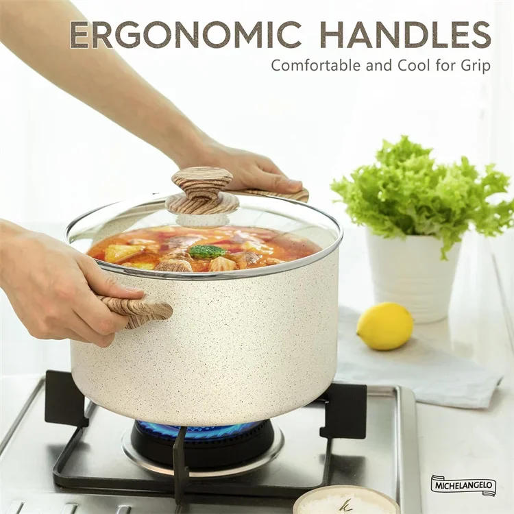 Description Picture 2 of itemMICHELANGELO 6QT Non-stick Soup Pot with Lid Induction Cooking Pot Cream Coating Stock Pot with Wooden Double Handle Kitchenware