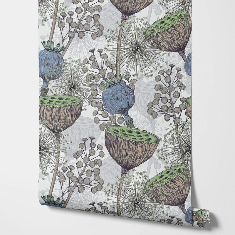 Description Picture 3 of itemLotus Flowers Wallpaper, Watercolor ink paint Lotus Leaves Wall paper in Blue