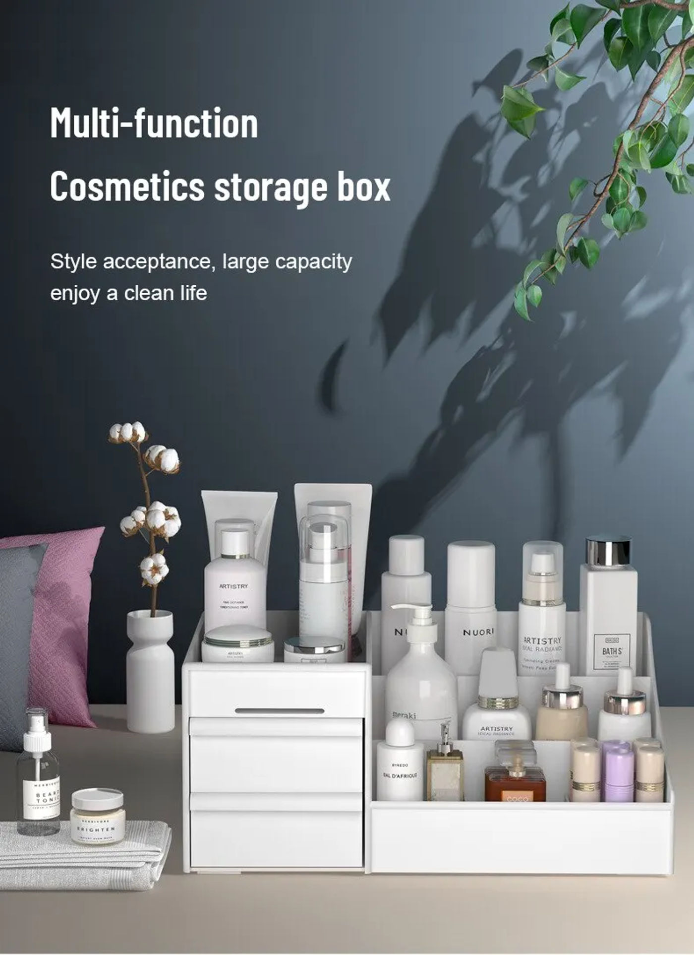 Description Picture 2 of item1pc White New Drawer Makeup Storage Box Dormitory Finishing Plastic Shelf Cosmetics Skin Care Dressing Table Desktop
