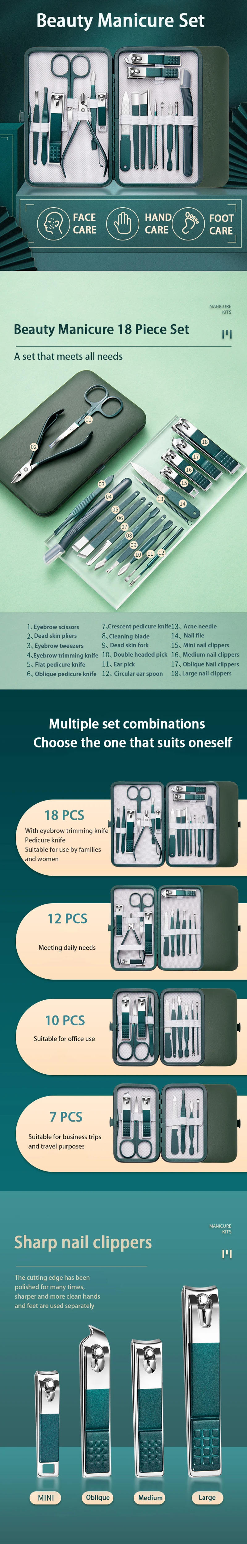 Description Picture 3 of itemOuriner 6-18Pcs Portable Manicure Sets Pedicure Kits Bright Black Nail Clipper Set Personal Care Tools Eyebrow Scissors