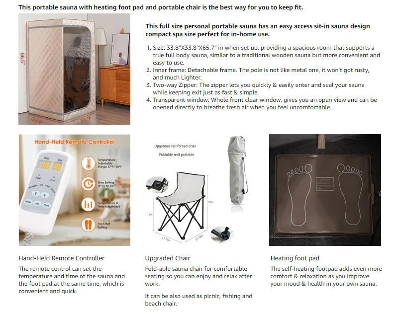 Description Picture 3 of itemPortable Full Size Infrared Sauna, Home Spa Detox Therapy with Upgrade Reinforced Portable Chair-Beige, L33.9" x W33.9" x H66.5"