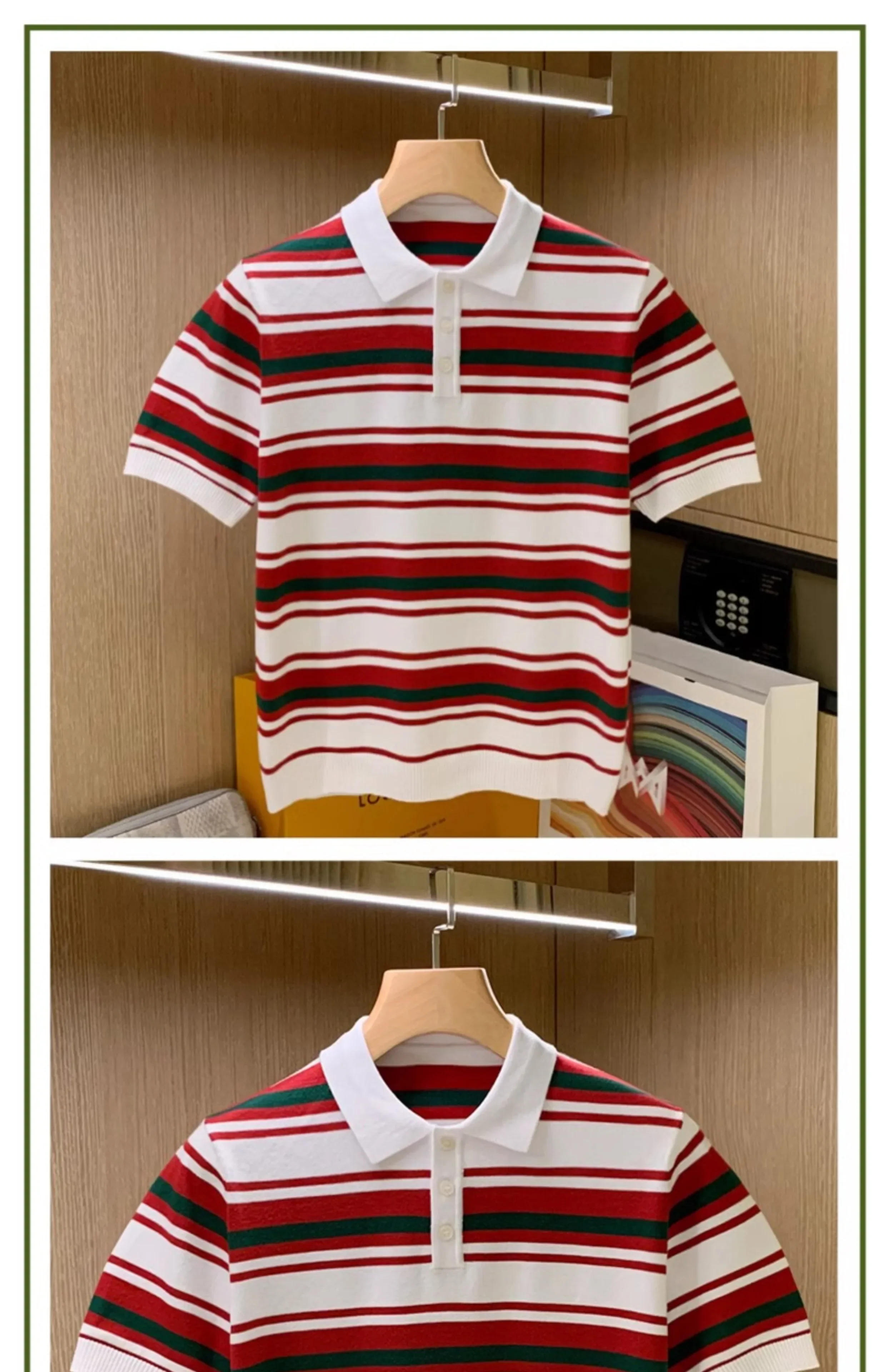 Description Picture 5 of itemSummer Fashion Striped Knitted Sweaters Short Sleeve Tees Tops Men Polo Shirt Casual Lapel Contrast Color Polo Shirt Retro W23