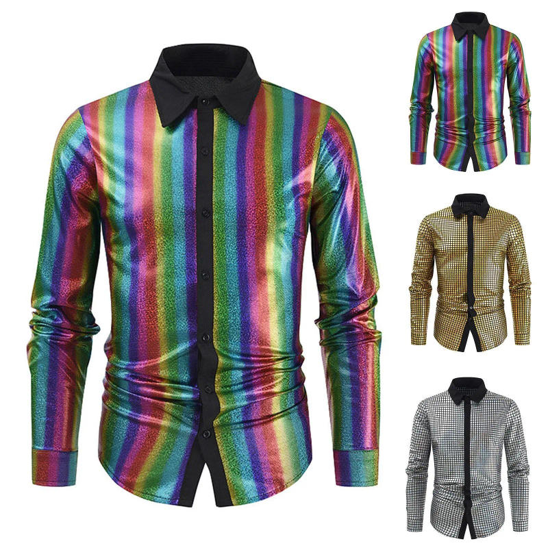 Description Picture 2 of itemMen'S Dress Shirt Sequin Button Down Shirt With Lapel Long Sleeve Bright Face T Shirt Shirt Retro Handsome Casual Thin Shirt