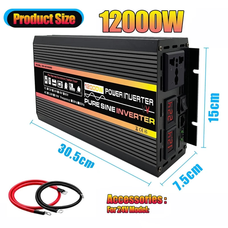 Description Picture 5 of item12000W Pure Sine Wave Power Inverter Voltage Transformer Intelligent Digital Display Car Home Outdoor DC12V to AC 220V/