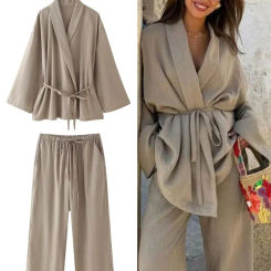 TRAFZA Women Loose Wide Leg Pant Set Fashion Lapel V Neck Long Sleeve Thin Blazer Coat With Belt 2024 Summer Ladies Solid Suit