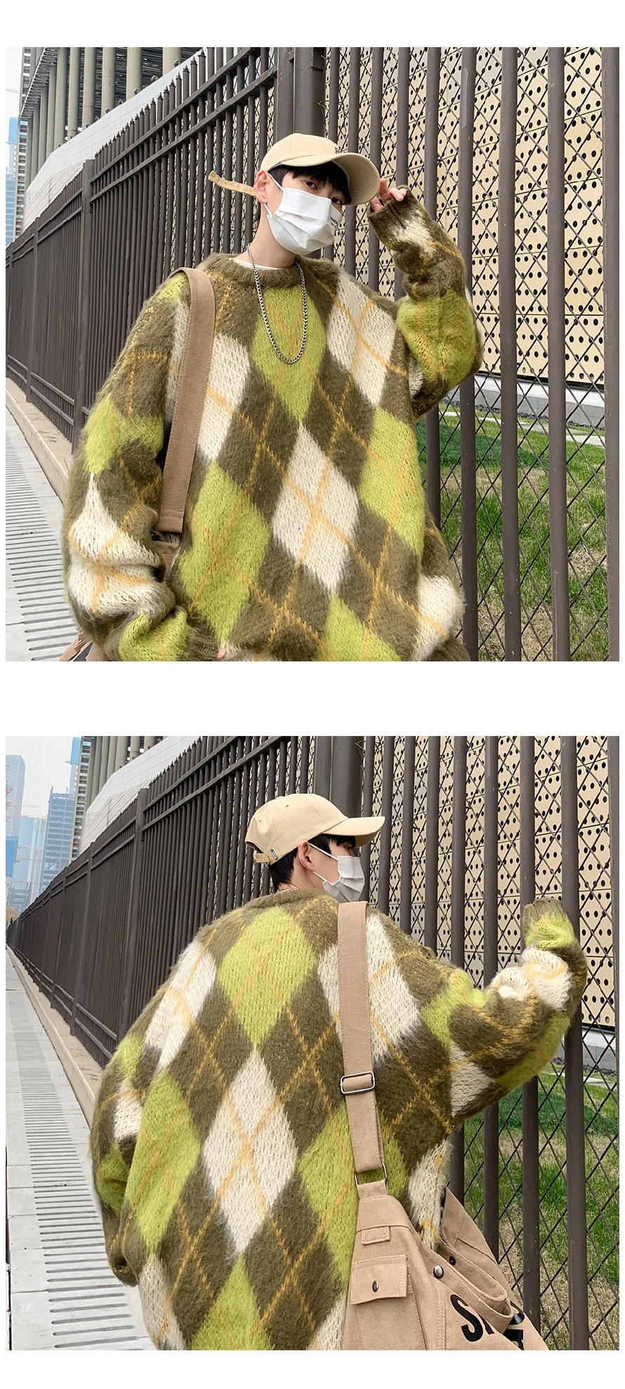 Description Picture 3 of itemWinter Niche Contrasting Plaid Sweaters Men's Retro Loose Casual High Street Personalized Knitted Pullover Men Tops Male Clothes