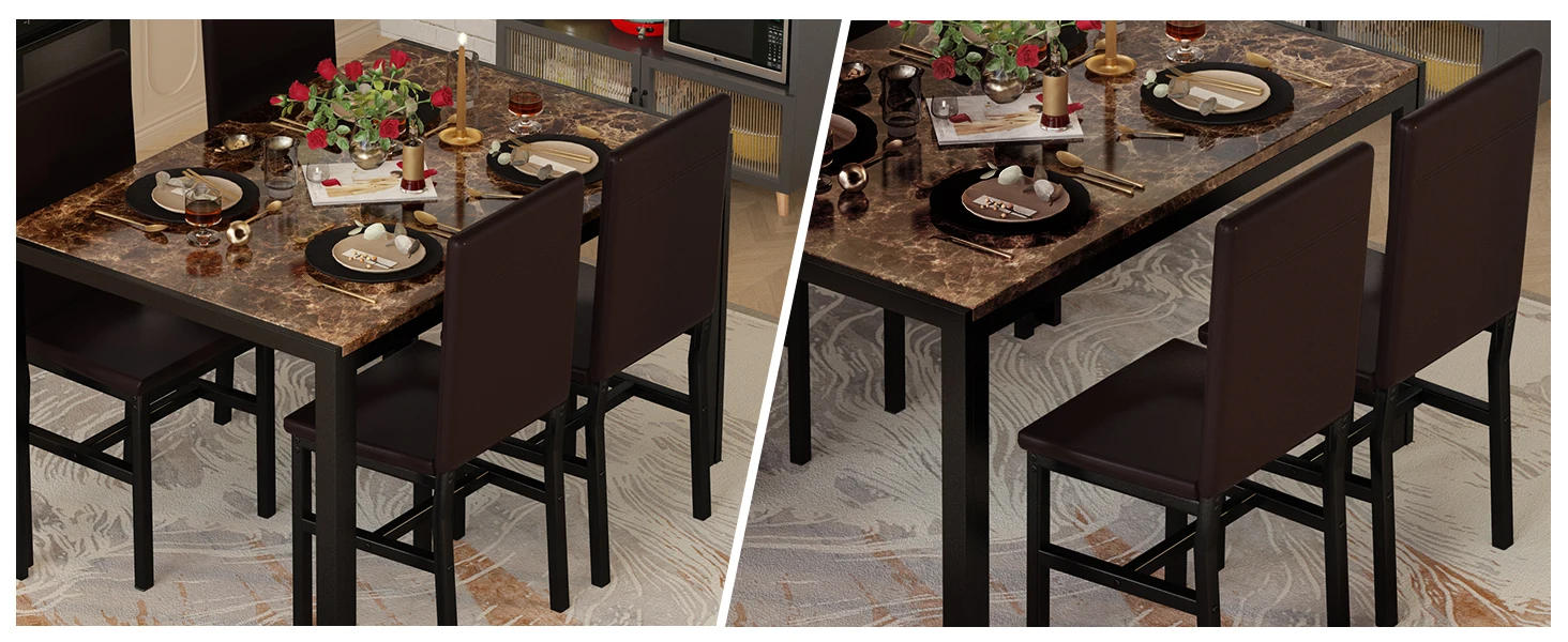 Description Picture 6 of itemDining Table Set for 4, 5 Piece Kitchen Table Set with PU Leather Chairs Space-Saving Faux Marble Dining Room Table Set for 4