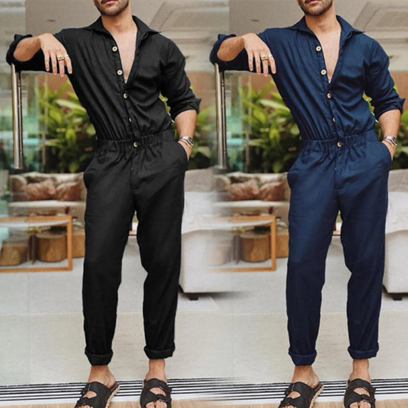 Description Picture 3 of itemSummer Thin Men's Cargo Jumpsuit Pants Overalls Fashion Long Sleeve Lapel Button-Down Rompers Solid Color Workwear Pants