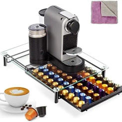 60  Pods Holder Drawer, Coffee Capsule Organizer for  with Glass Tray and Anti -slip Feet, Coffee Strorage Rack of Big Capacity