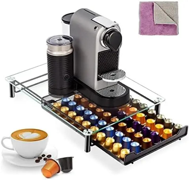 Description Picture 2 of item60  Pods Holder Drawer, Coffee Capsule Organizer for  with Glass Tray and Anti -slip Feet, Coffee Strorage Rack of Big Capacity