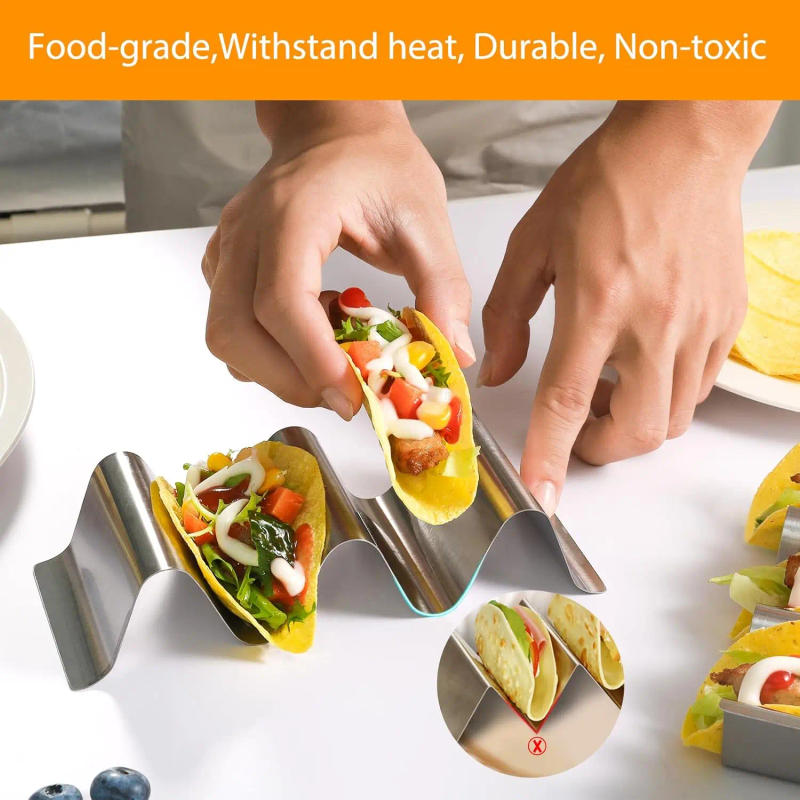 Description Picture 3 of itemTaco Holder Stainless Steel Taco Stand Rack Tray Oven Mexican Food Rack Kitchen Tool Tortilla Taco Tray Taco Plate Display Stand