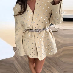 Rivet Fashion V-neck Balzer Coat Women Shoulder Pads Loose Fake Pocket Long Sleeve Jacket 2025 Spring Street Party Commute Tops