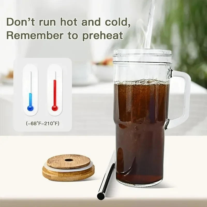 Description Picture 6 of item24OZ Glass Cup With Wooden Lid Straw Transparent Pearl Milk  Juice Milk Thickened Glass Cup Breakfast Cup Drinkware Coffee Mug