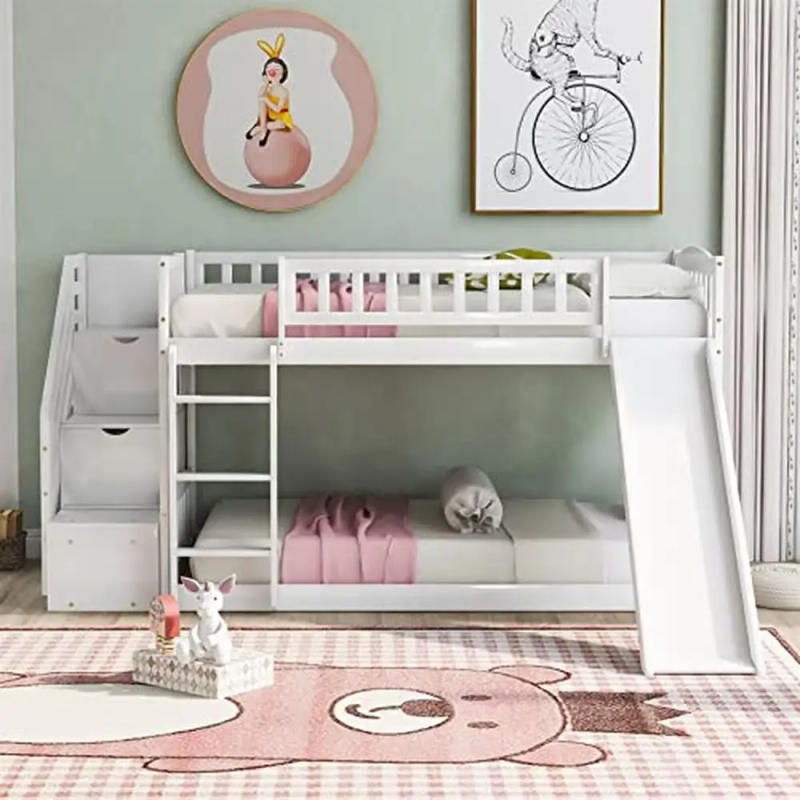 Description Picture 3 of itemTwin Bunk Bed Slide Guardrail Stairway Drawers Space-Saving Bedroom Dormitory Solid Wood MDF Country Style Kids Bed 300LBS