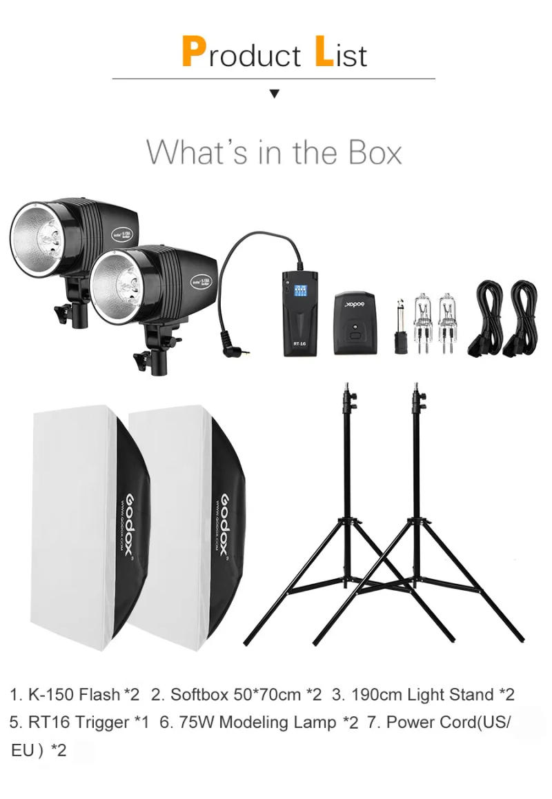 Description Picture 3 of itemGodox 2x 150W K-150A Photo Portrait Strobe Flash Studio Light Kit with Softbox,Light Stand,Trigger for Photo Studio Accessorie