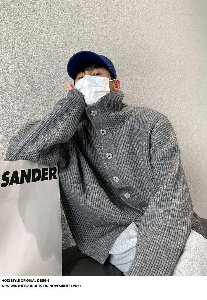 Description Picture 5 of itemMen's Cardigans Vintage Knitted Jacquard Turtleneck Cardigan Sweater Coat Trendy Loose Casual Solid Color Color Top Korean Style