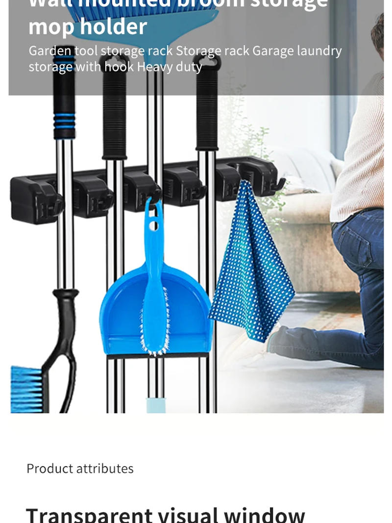 Description Picture 3 of itemWall Mounted Mop Holder 3/4/5 Position Multi-Functional Broom Hanger Shelf Home Kitchen Storage Black Magic Plastic Mop Holder