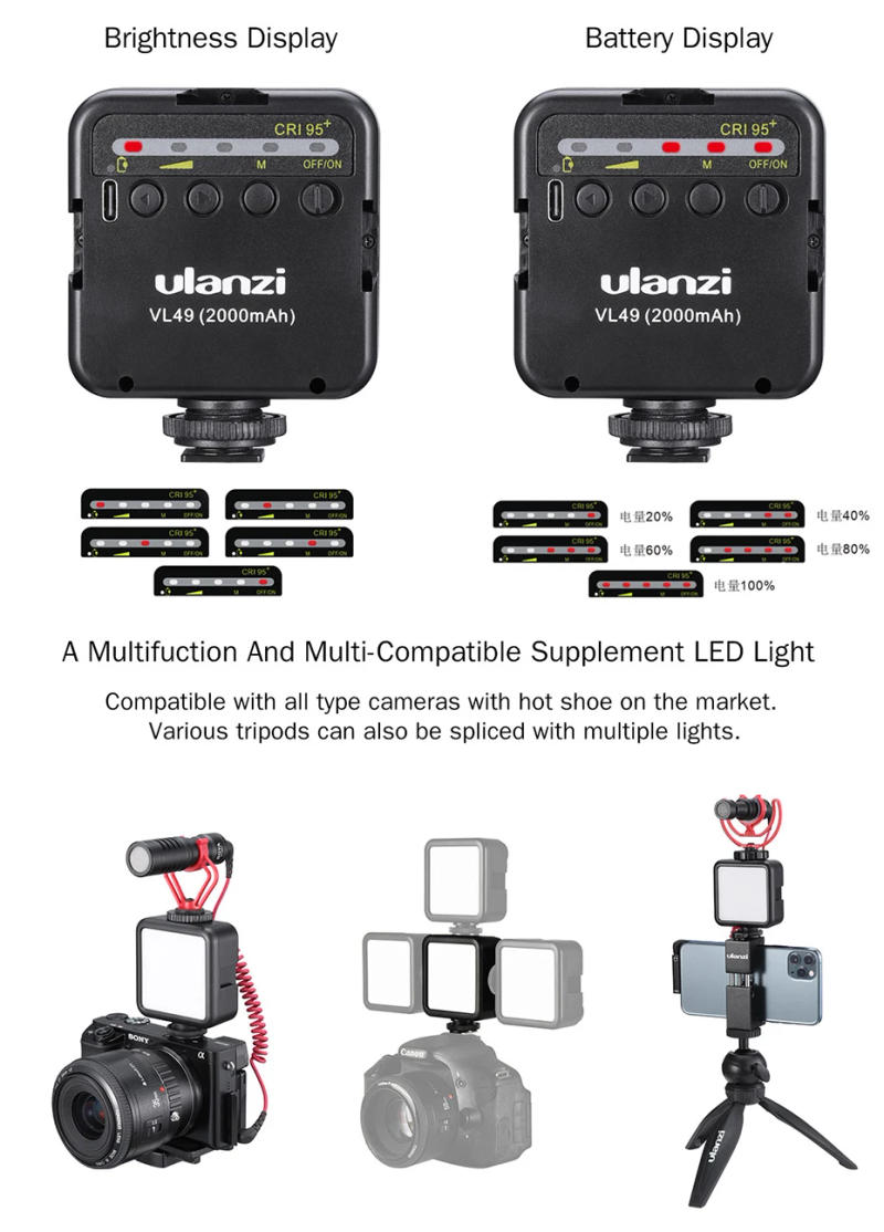 Description Picture 5 of itemUlanzi VL49 Mini LED Video Light 2000mAh CRI 95+ 5500K Portable Photography Vlogger Fill Light with Cold Shoe for DSLR Camera