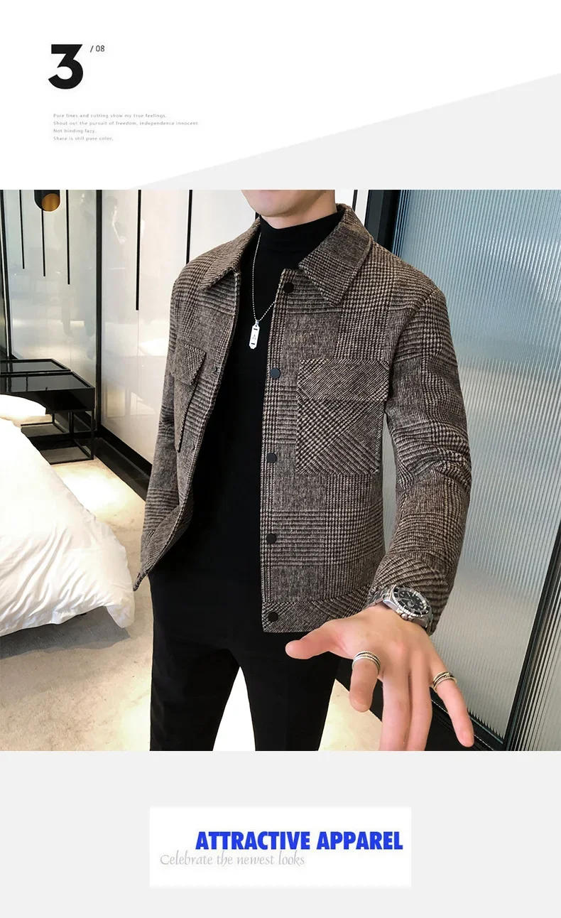 Description Picture 3 of item2024 Plaid Jackets Men  Wool Trench Coat Jacket Outwear Casual Slim Fit Thicker Winter Jackets High Quality Coat