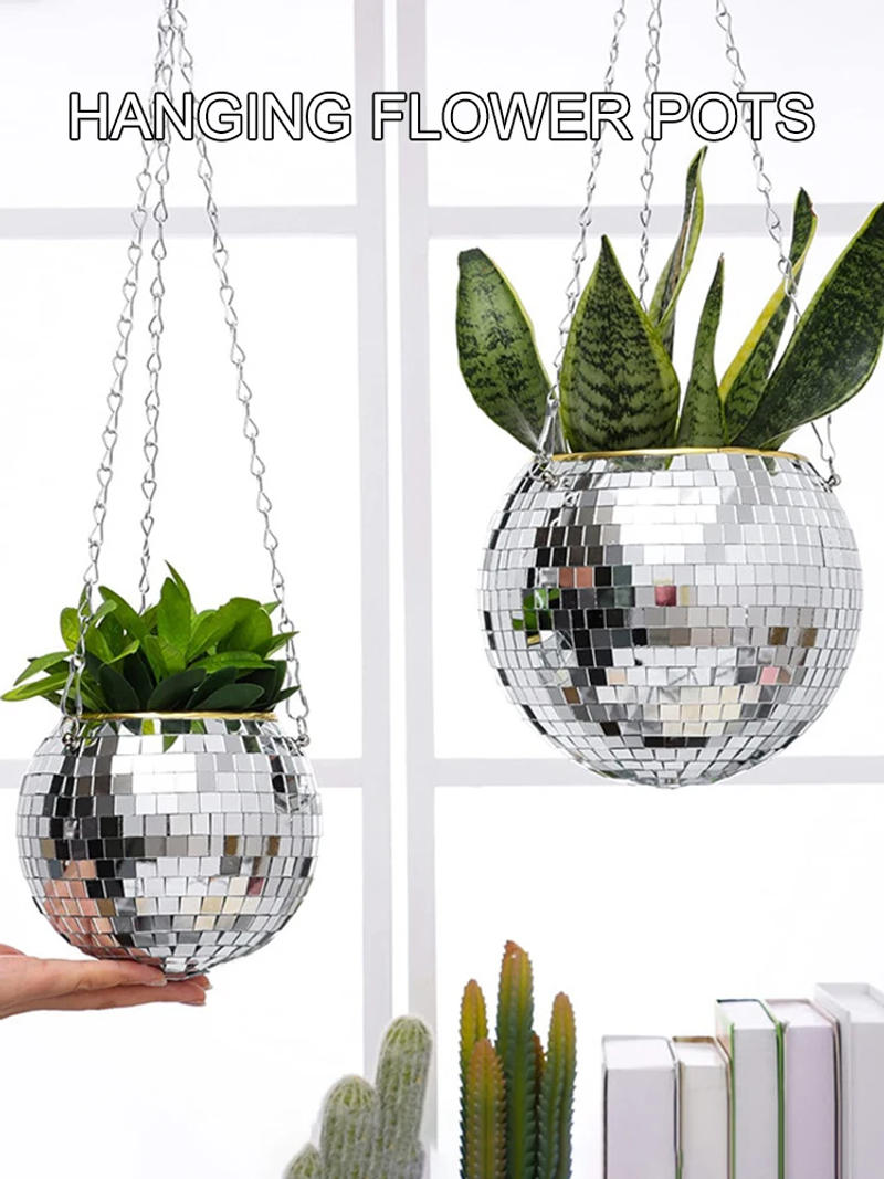 Description Picture 3 of item1PC Disco Ball Creative Round Flowerpot Hanging Basket Plastic Glass Mirror Plant Planting Pot Succulent Slivery