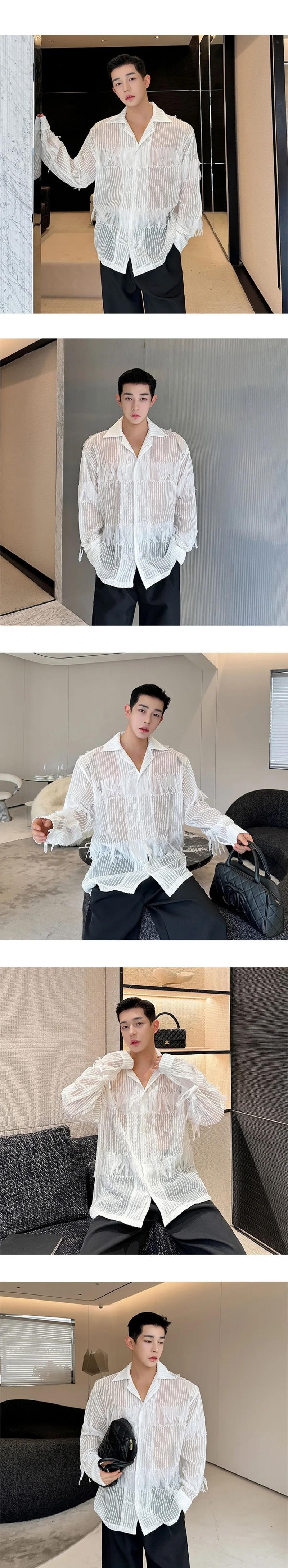 Description Picture 3 of itemSee Through Sunscreen Shirts Men Irregular Tassel Splice Mesh Long Sleeve Loose Casual Vintage Party Dress Shirts Unisex Blouses