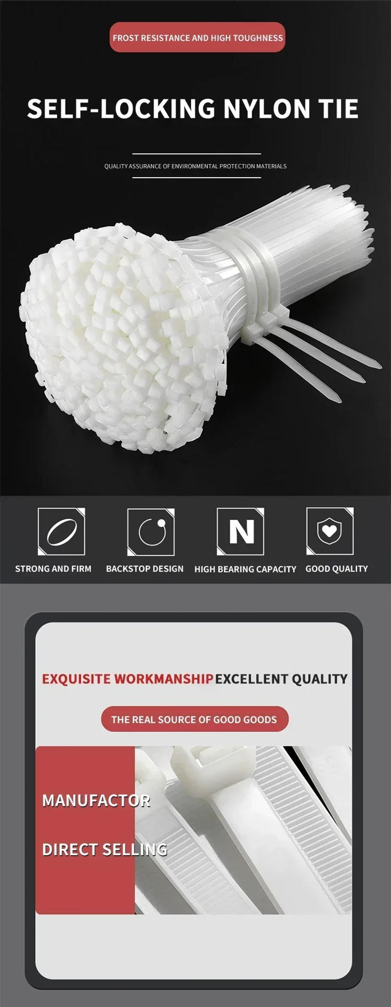 Description Picture 2 of item1000 PCS/pack Self-locking plastic nylon tie black 5x300mm cable tie 3x200mm cable tie zip wraps strap nylon cable tie set 3×100