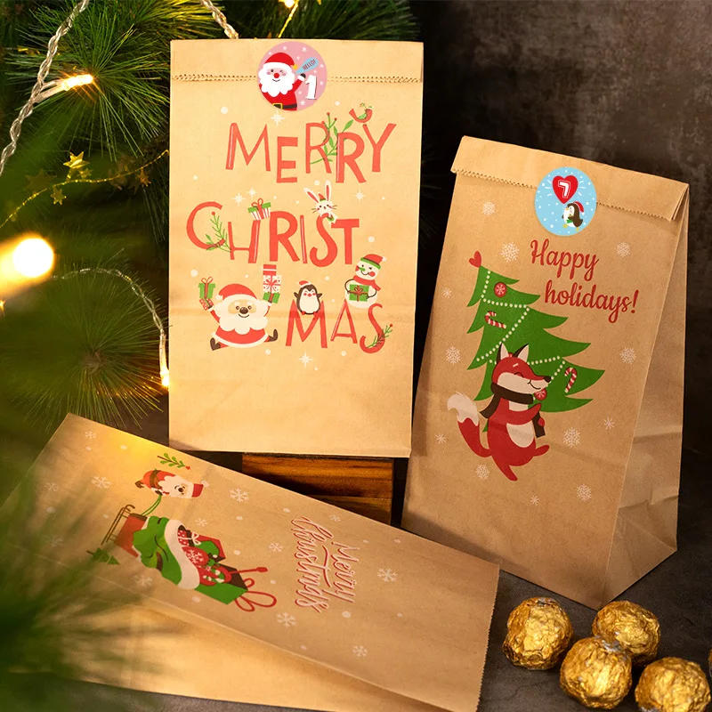 Description Picture 4 of itemChristmas Gift Bags Kraft Paper Bag Candy Cookie Packaging Pocket Xmas Advent Calendar Digital Sticker Packing Supplies 24pcs