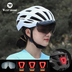 WEST BIKING Cycling Helmet With  LED Taillight Goggles Sun Visor Bike Helmet Men Women MTB Road Bike Safe Cap Bicycle Helmet